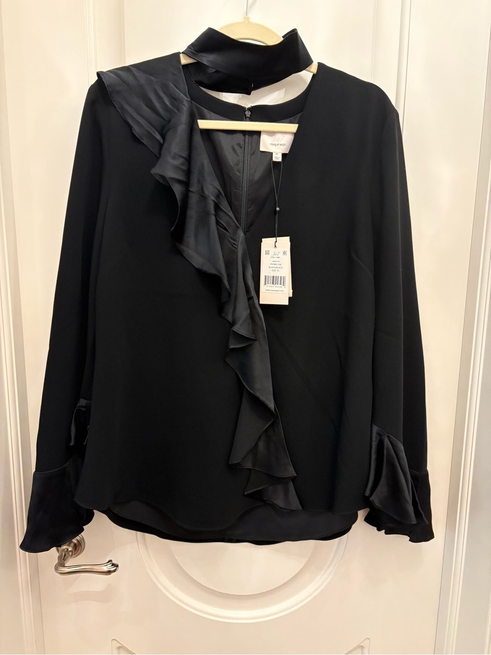 cinq a sept Black Ruffle-Front Long Sleeve Blouse with Neck Tie